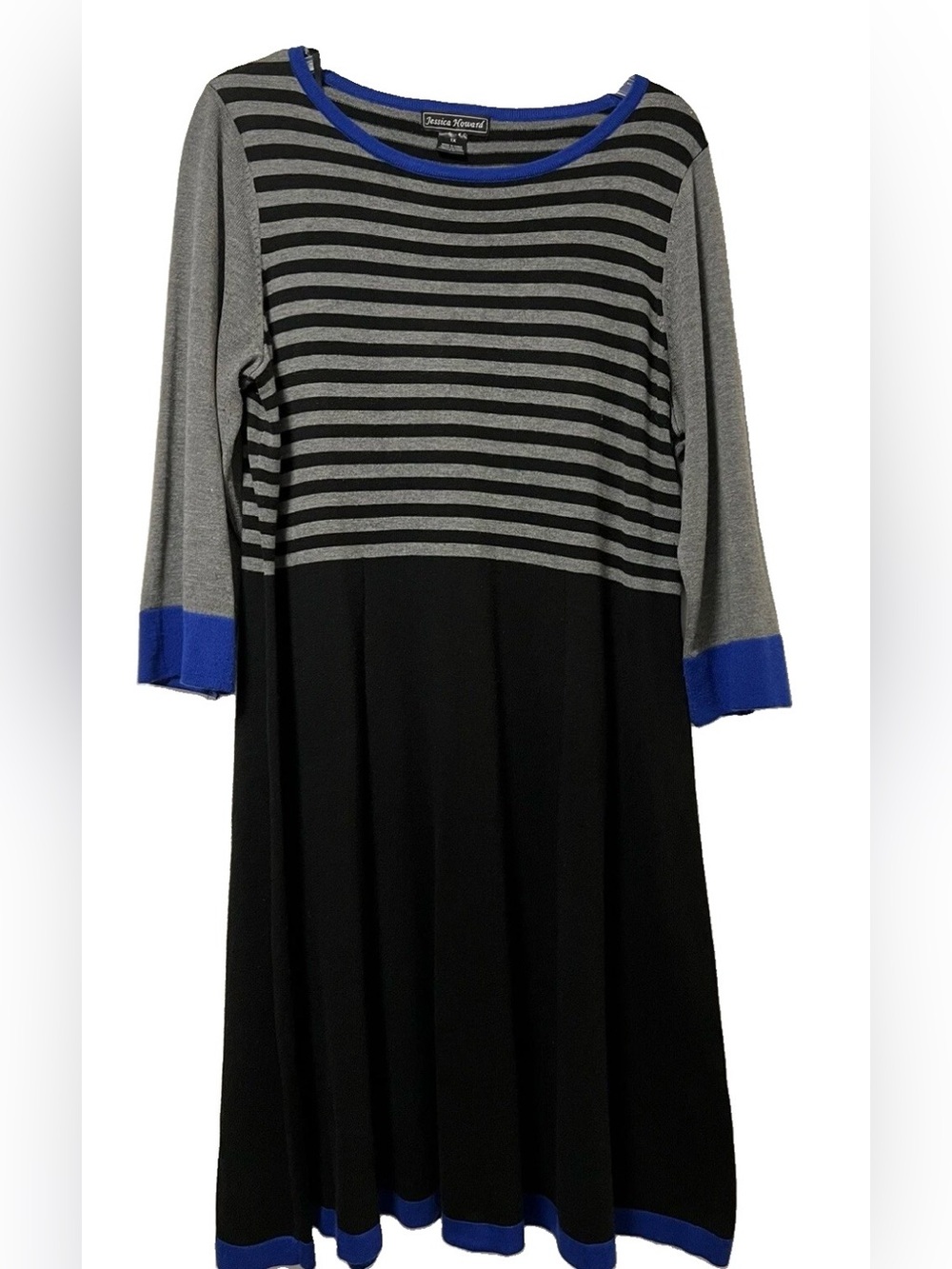 Jessica Howard Black Gray & Blue Knit A-Line Sweater Dress 3/4 Sleeve Plus 1X